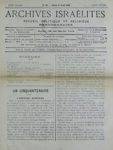 Archives israélites de France. Vol.69 N°35 (27 août 1908)